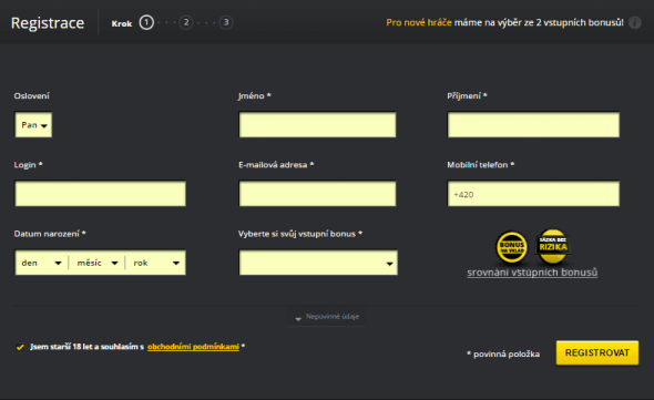 Stránka s registrací u Fortuny