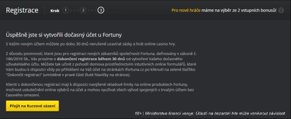 Fortuna registrace - vytvoření dočasného účtu