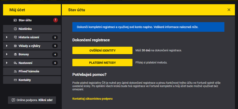 Fortuna registrace - dokončení, ověření a platební metody