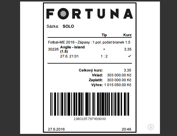 Výherní tiket Fortuna - EURO