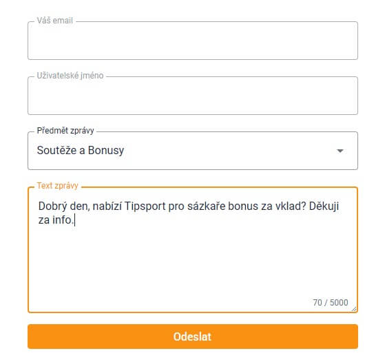 Tipsport kontaktní formulář pro dotazy