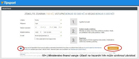 Návod na registraci u Tipsportu - krok 1