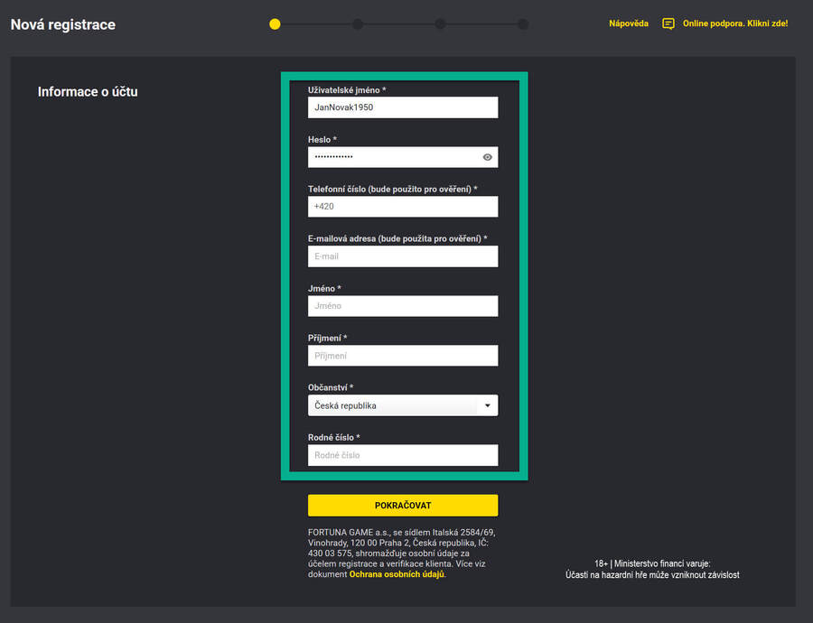 Registrační formulář u&nbsp;Fortuny