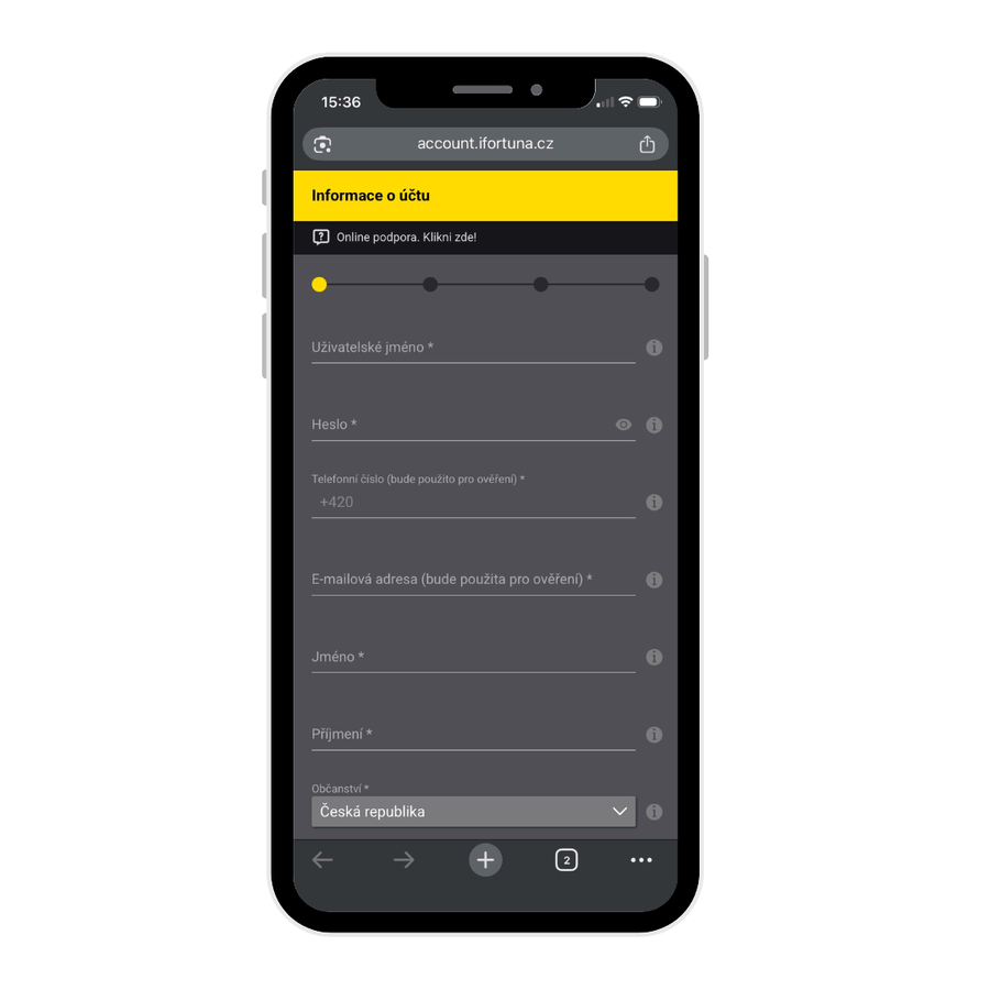 Registrační formulář během Fortuna registrace