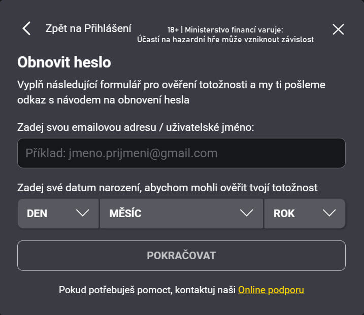 Zapomenuté heslo při přihlášení na Fortunu