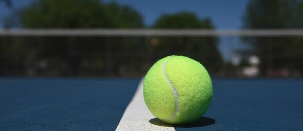 Tenis - ilustrační foto tenisový balonek u sítě na tvrdém povrchu