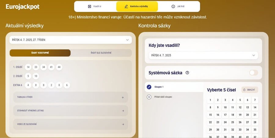Tiket Eurojackpotu si zkontrolujete online přímo u Sazky.