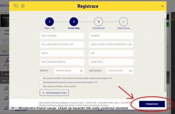 Sazkabet - registrační formulář pro PC