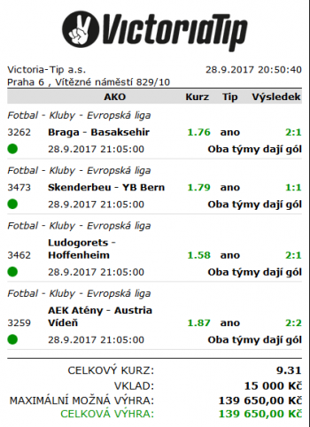 Victoria Tip tiket: výhra 139 650 Kč