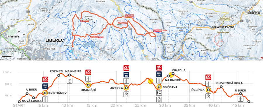 Jizerská padesátka 2023 - trasa, mapa, převýšení, profil