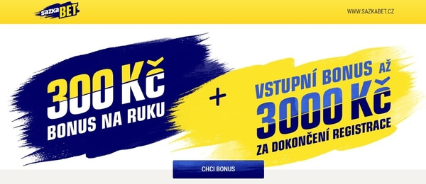 SazkaBet: 300 Kč bonus na ruku a 3 000 Kč vstupní bonus za vklad