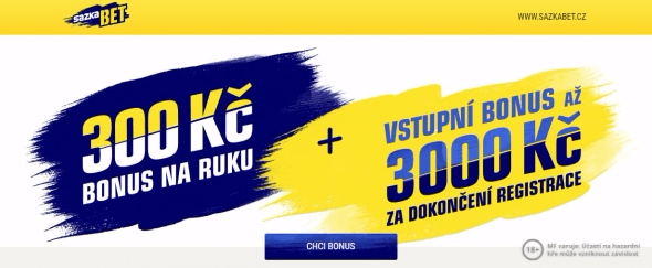 Sazkabet bonusy - 300 Kč na ruku a vstupní bonus 3 000 Kč