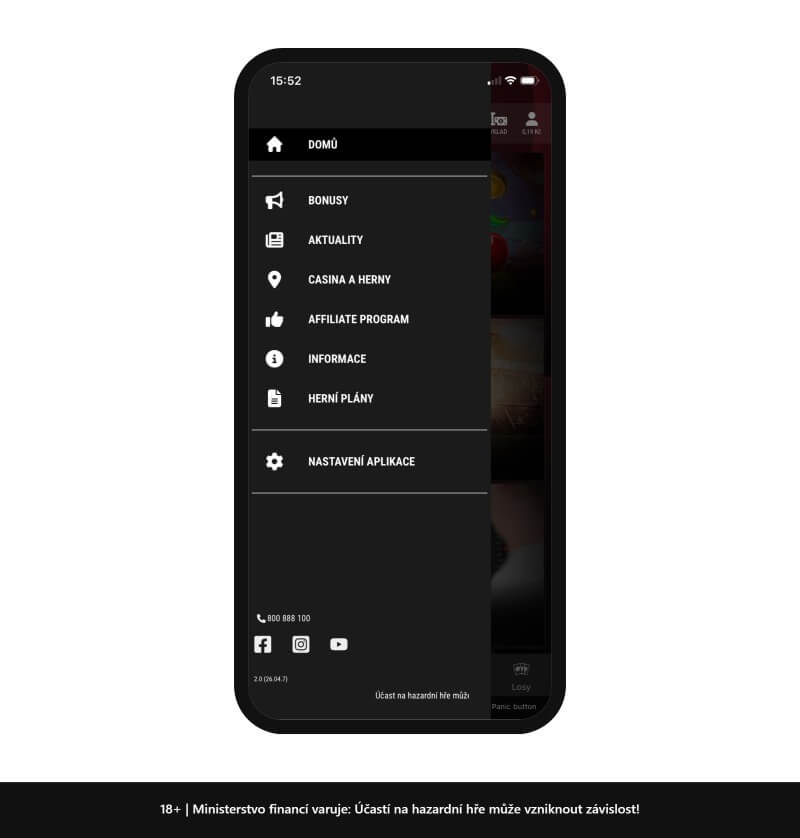Hlavní menu aplikace Synottip