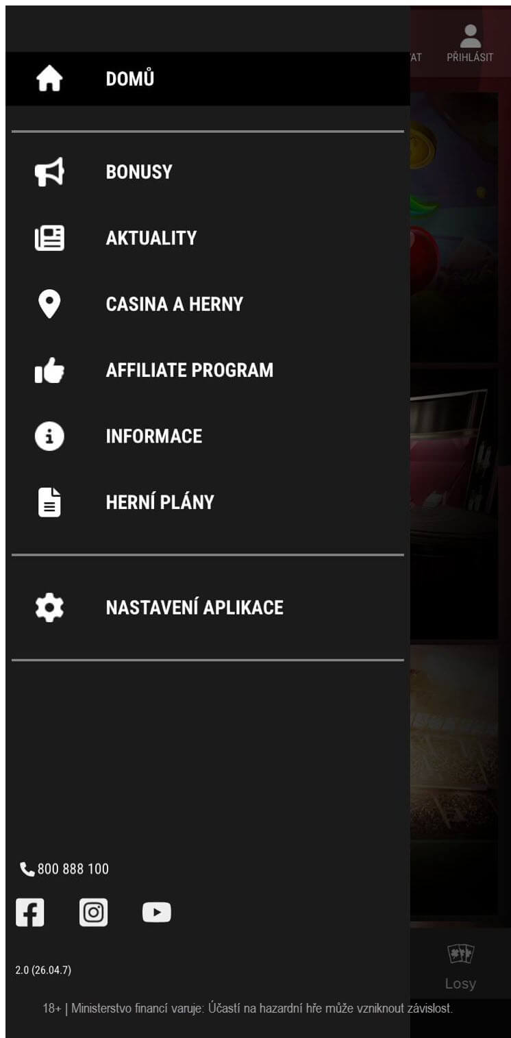 Hlavní menu SYNOT TIP aplikace
