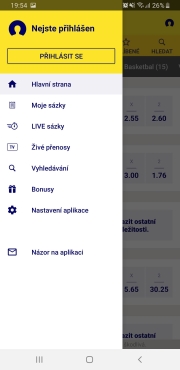 Sazkabet mobilní aplikace - hlavní menu