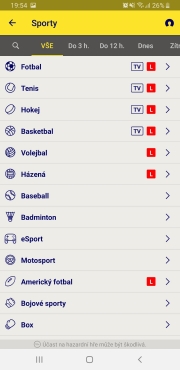 Sazkabet mobilní aplikace - nabídka sportů