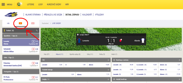Živé přenosy si na webu Sazkabetu vyfiltrujete po kliknutí na oranžovou ikonu