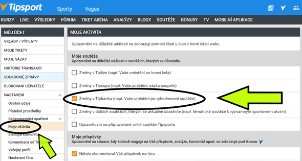 Tipbank v nastavení