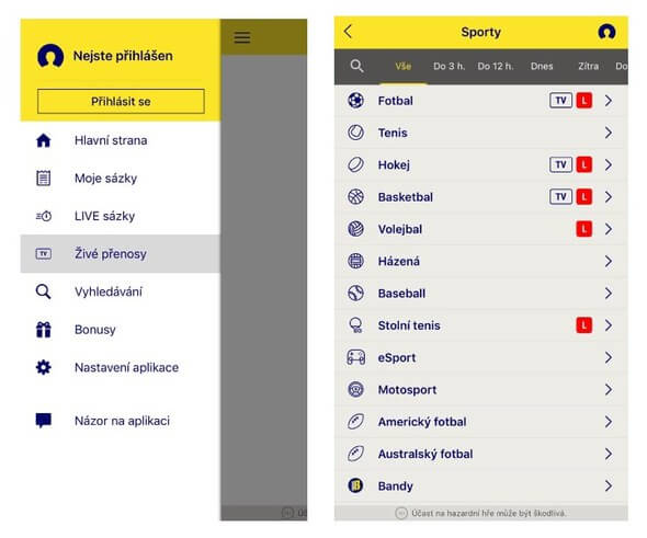 Nabídka živých přenosů v mobilní aplikaci Sazkabet