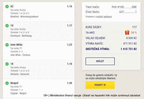 Sazkabet - výherní tiket 1 415 751 Kč