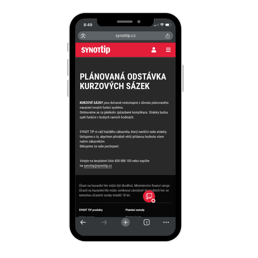 Stránka sázkové kanceláře Synot Tip, kde uvádí informace o&nbsp;výpadku
