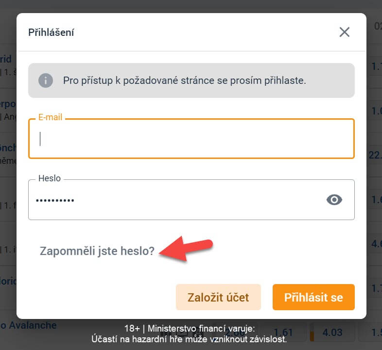 Sem klikněte, pokud zapomenete heslo při přihlášení do Tipsportu