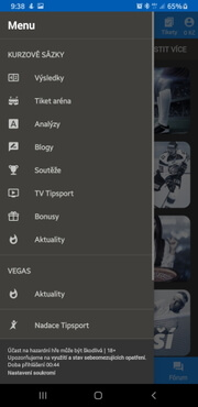 Mobilní aplikace Tipsport - levé menu