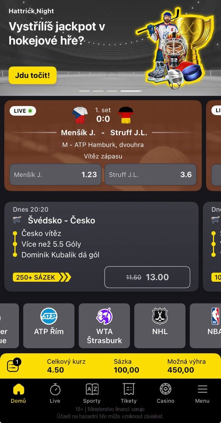 Domovská stránka Fortuna aplikace