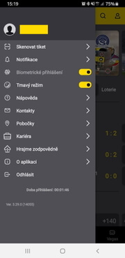 Fortuna mobilní aplikace - levé menu