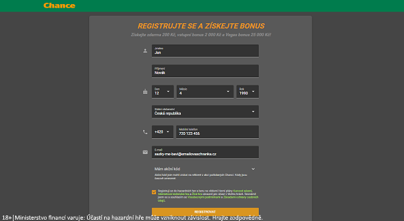 Chance akční kód - vstupní promo code, bonus