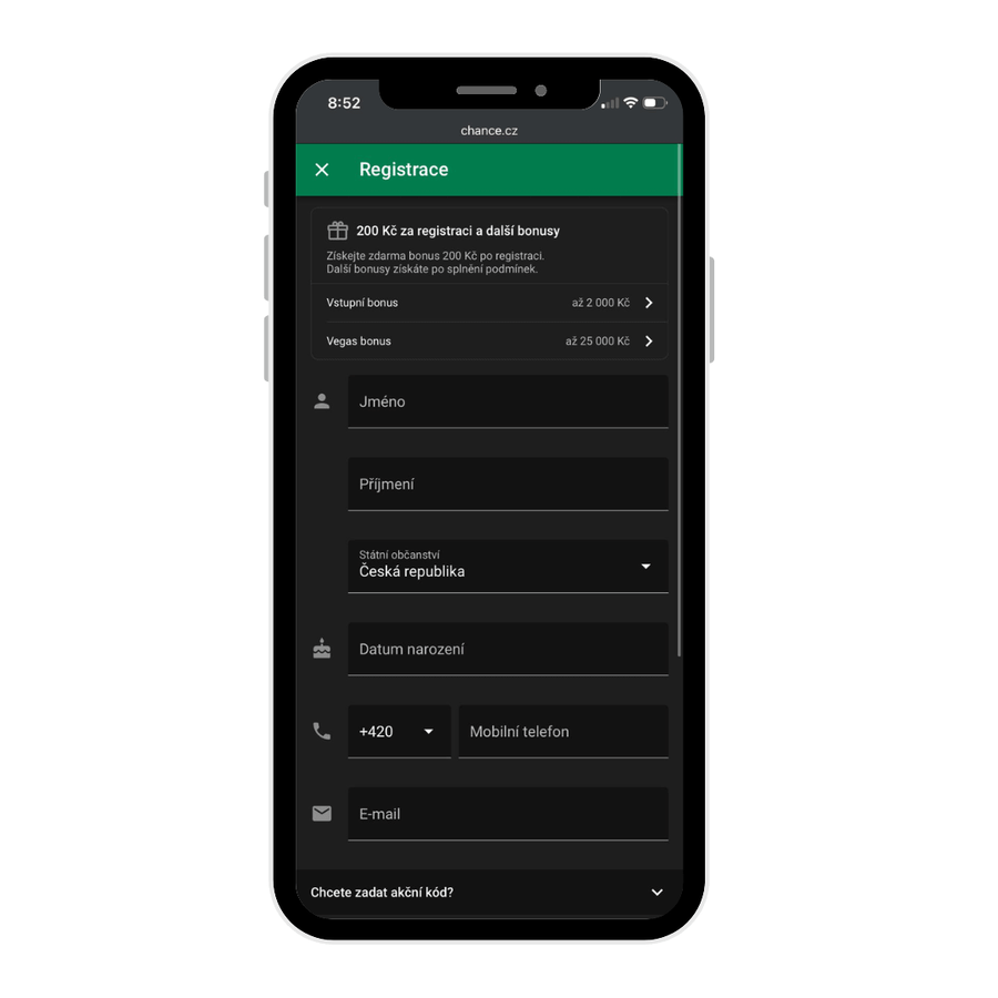 Registrační formulář během Chance registrace
