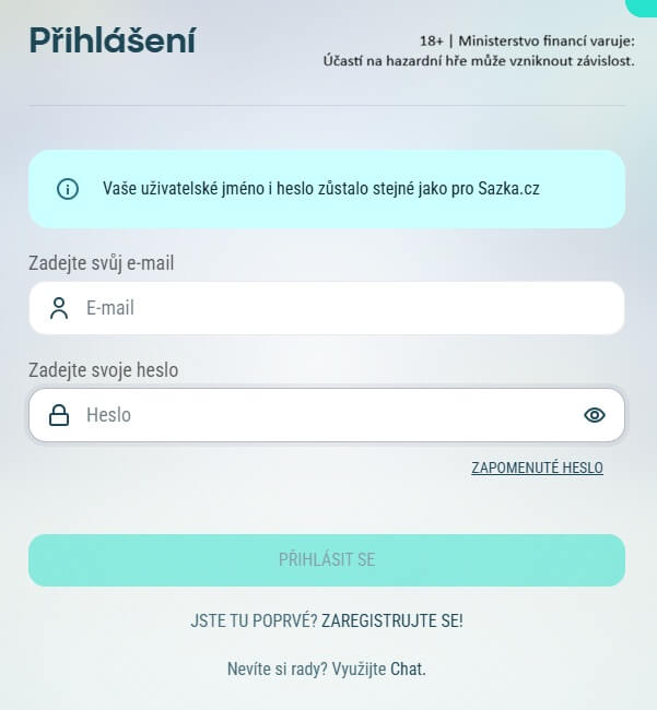 Formulář pro přihlášení do Sazkabetu