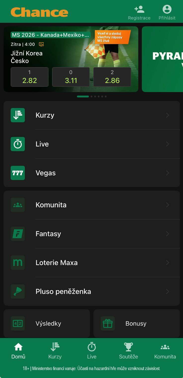Hlavní obrazovka Chance aplikace
