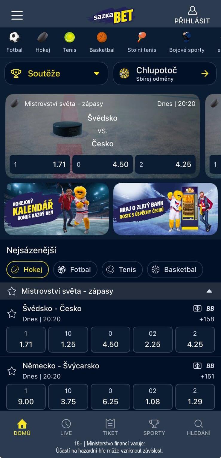Hlavní stránka po přihlášední do Sazkabet aplikace