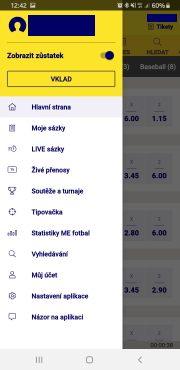 Sazkabet mobilní aplikace - levé menu