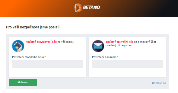 Betano registrace - po založení účtu dostanete potvrzovací kód na SMS a e-mail