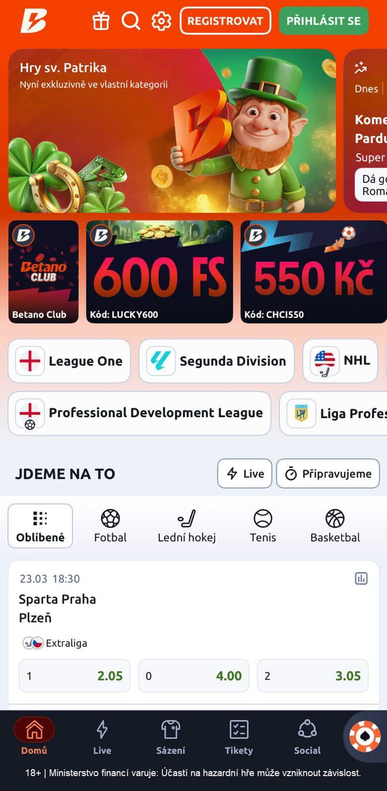 Úvodní nabídka Betano aplikace po instalaci