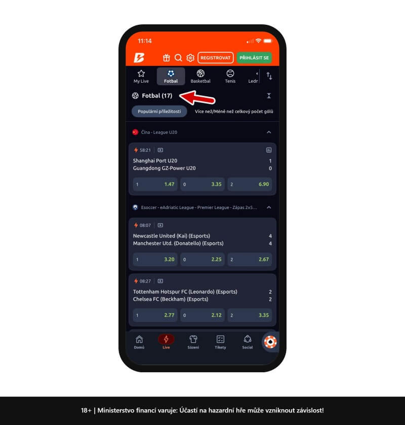 Přehled live kurzů na fotbal u&nbsp;Betana
