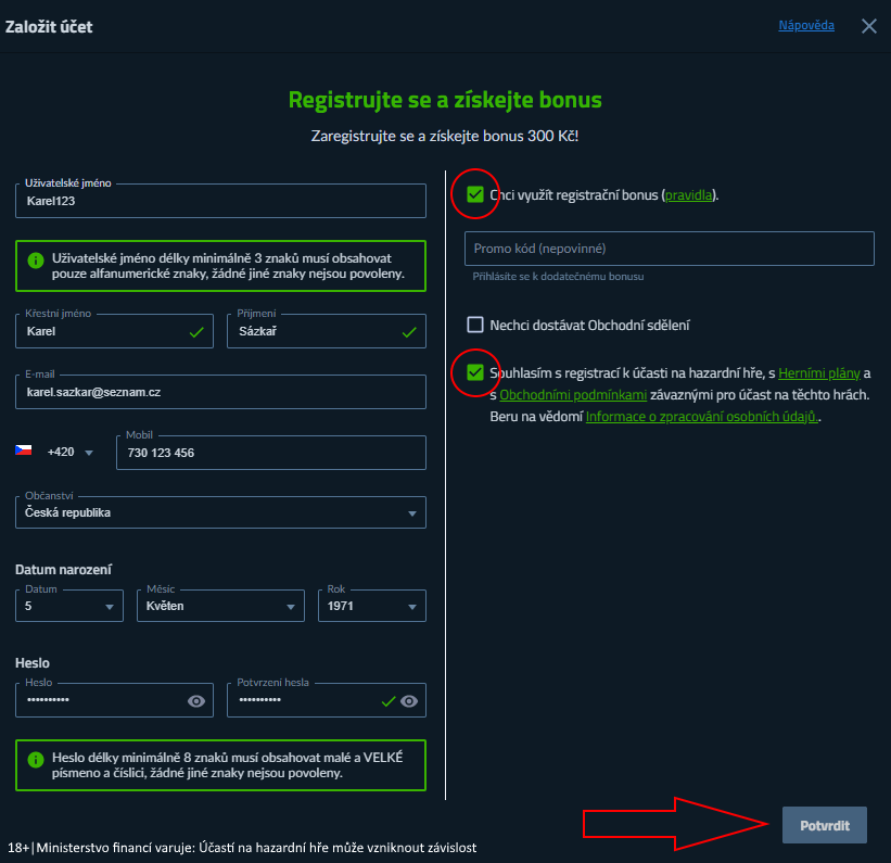 for BET registrace - formulář pro založení účtu