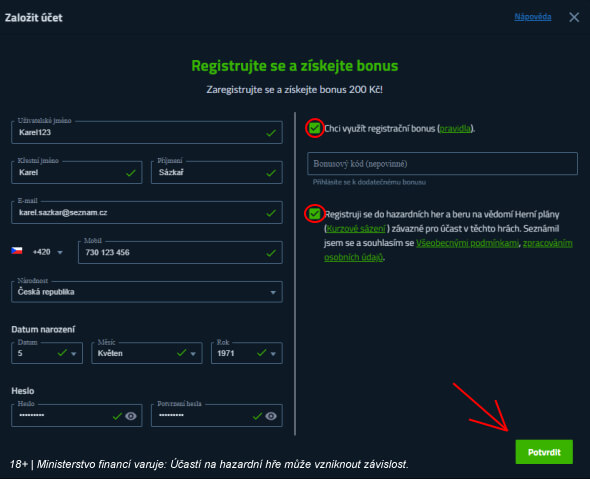forBET registrace - formulář pro založení účtu