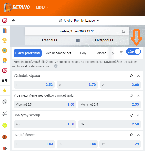 Funkce Bet Builder u Betana - zaklikněte Bet Builder filtr a pak už sestavujte vlastní tiket