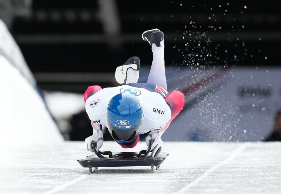 Zimní sport skeleton, britský závodník Matt Weston při IBSF Světovém poháru ve Whistleru