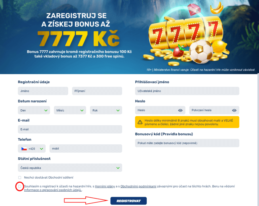 forBET - registrační formulář pro založení účtu