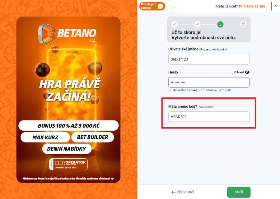 Betano promo kód HRAD500, volná sázka na volby prezidenta ČR při online registraci u Betana