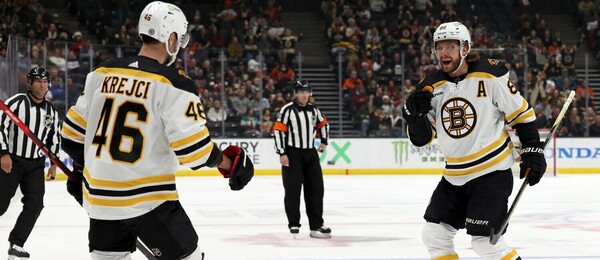 Hokejisté David Krejčí a David Pastrňák oslavují gól v NHL - Krejčí dnes hraje tisící zápas v NHL - sledujte hokej Boston vs Philadelphia živě v online live streamu - foto Profimedia