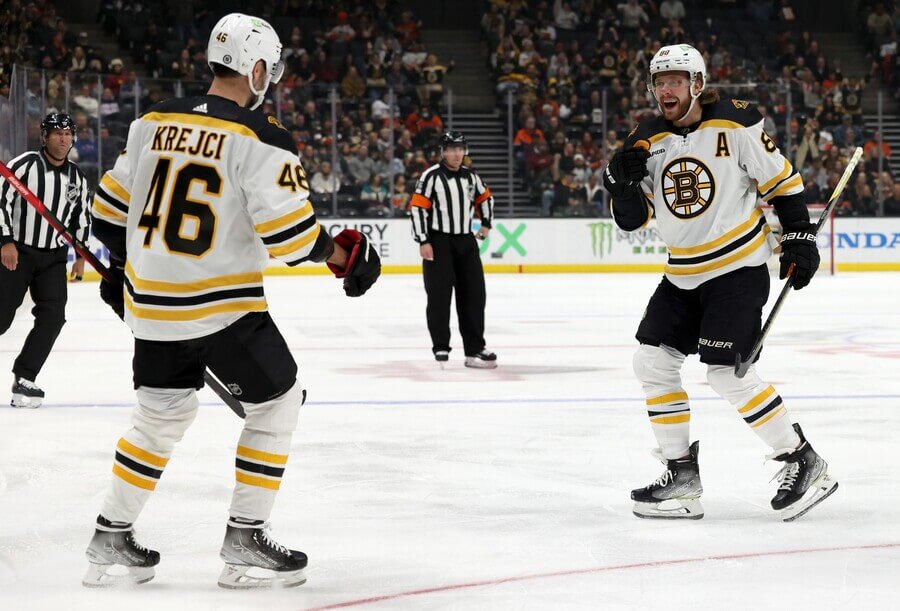 Hokejisté David Krejčí a David Pastrňák oslavují gól v NHL - Krejčí dnes hraje tisící zápas v NHL - sledujte hokej Boston vs Philadelphia živě v online live streamu - foto Profimedia