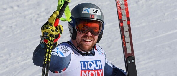 Alpské lyžování, Aleksander Aamodt Kilde z Norska po sjezdu na Mistrovství světa