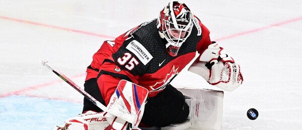 Brankář Kanady Sam Montembeault na MS v hokeji 2023 - sledujte dnes hokej Kanadaa vs Norsko živě
