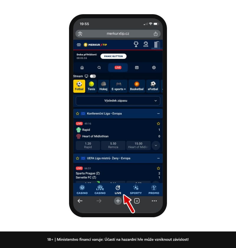 Live sázky u&nbsp;MerkurXtipu naleznete v&nbsp;hlavním menu pod ikonou LIVE