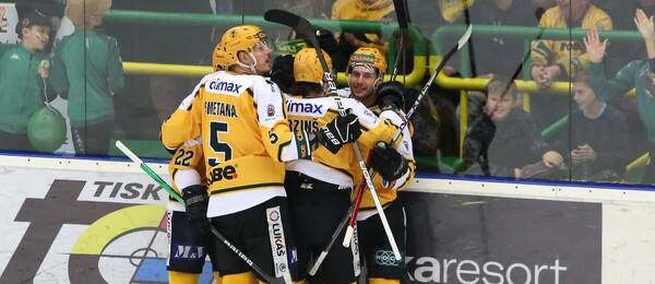 Lední hokej, hráči Vsetína se radují z gólu proti Zlínu
